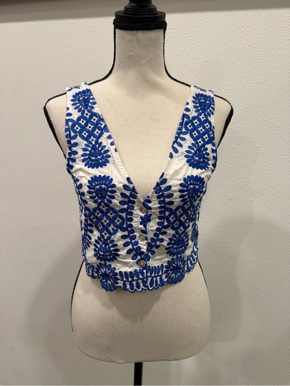 Blue & White Embroidered V-Neck Crop Top